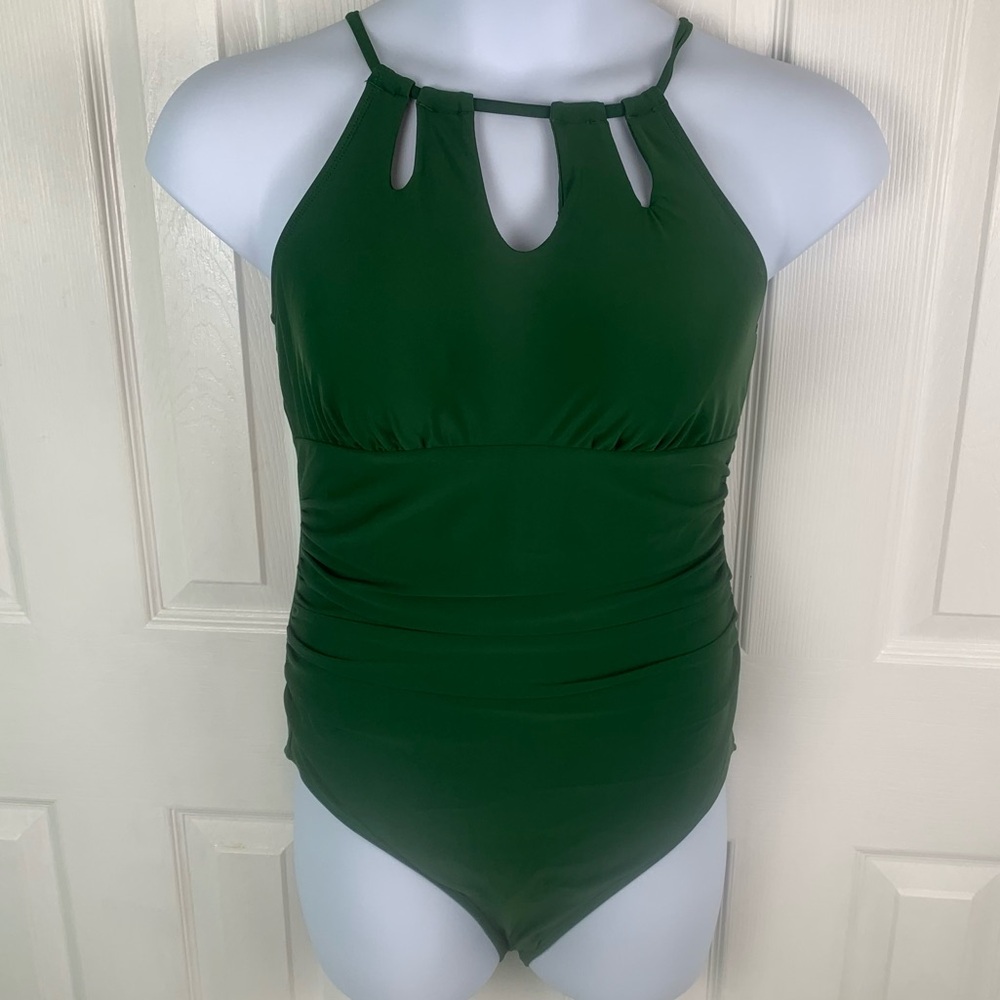 CUPSHE Women's Green Swimsuit One Piece High Neck Cutouts Lace Up Back Large NWT